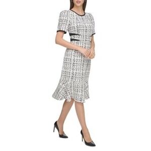 Karl Lagerfeld Paris Tweed Fit & Flare Dress Size 0 Black White‎ Midi Classic
